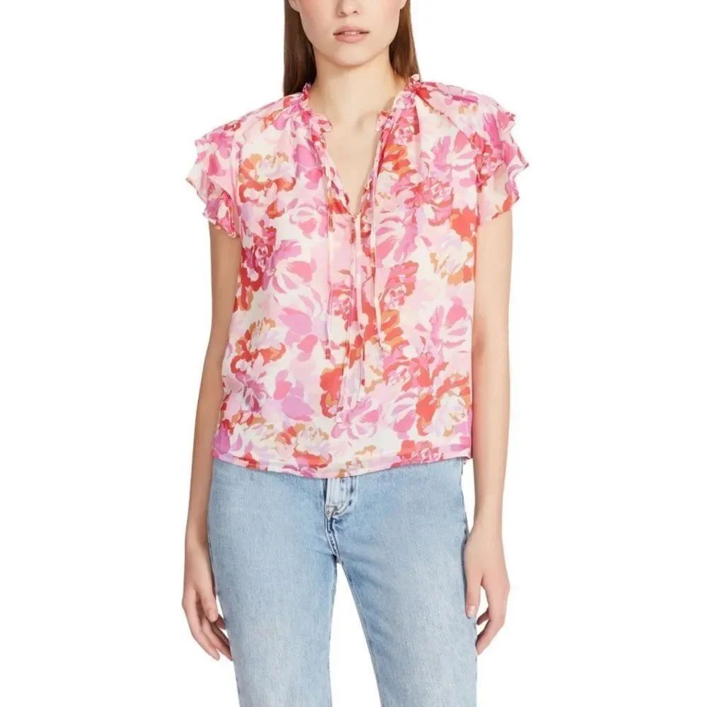 Steve Madden Womens Pink Orange White Floral Flutter Sleeve Blouse Shirt Medium